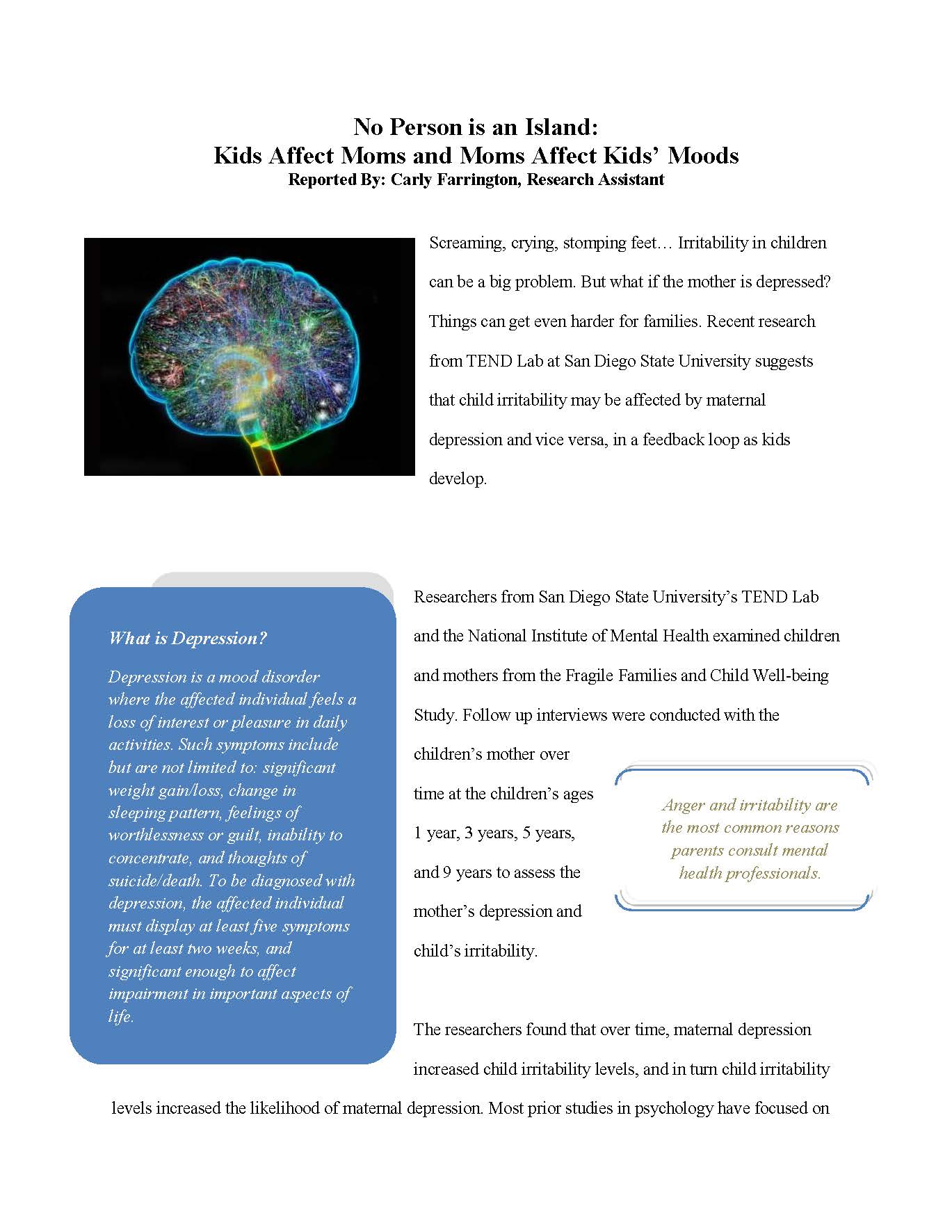 Depression news article page 1 titled "No Person is an Island: Kids Affect Moms and Moms Affect Kids’ Moods"