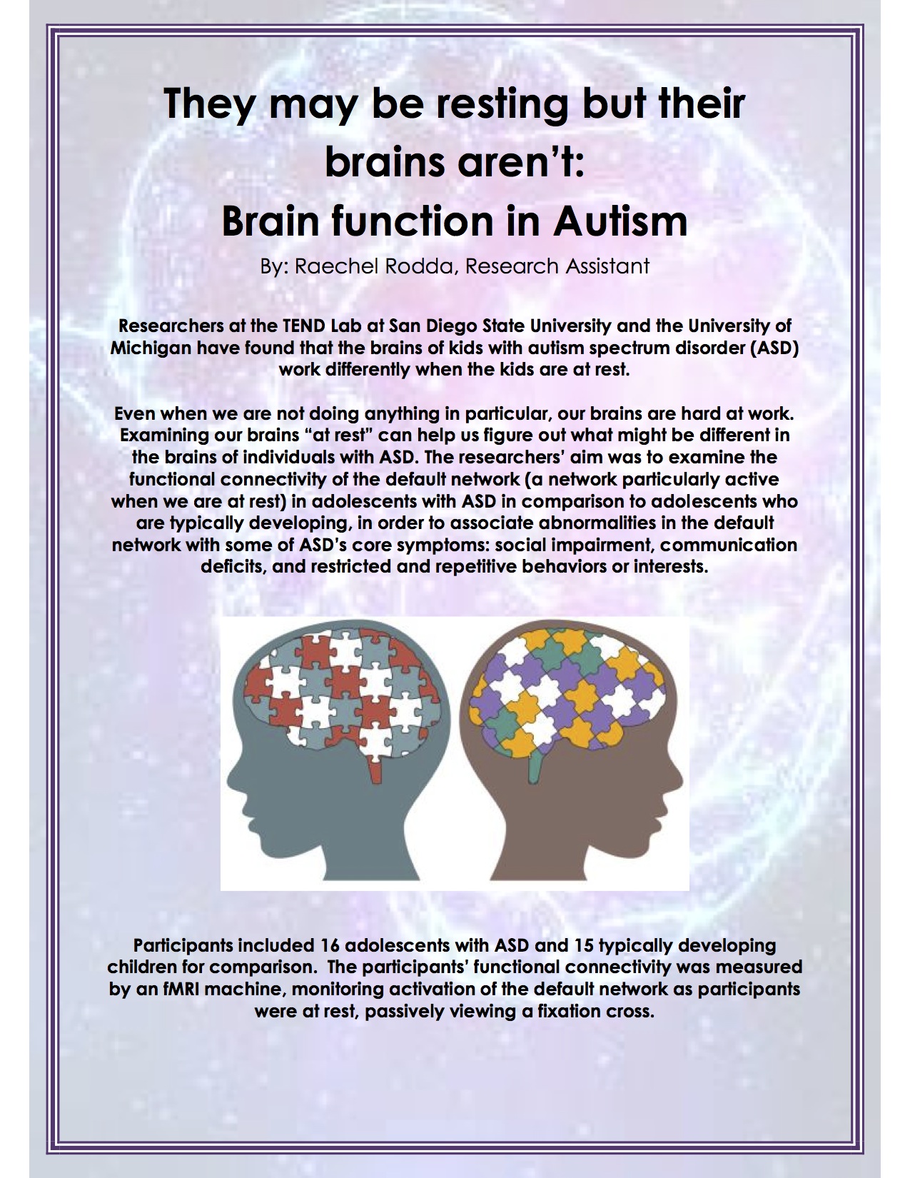 ASD news article page 1 titled: They may be resting, but their brains aren’t: Brain function in Autism