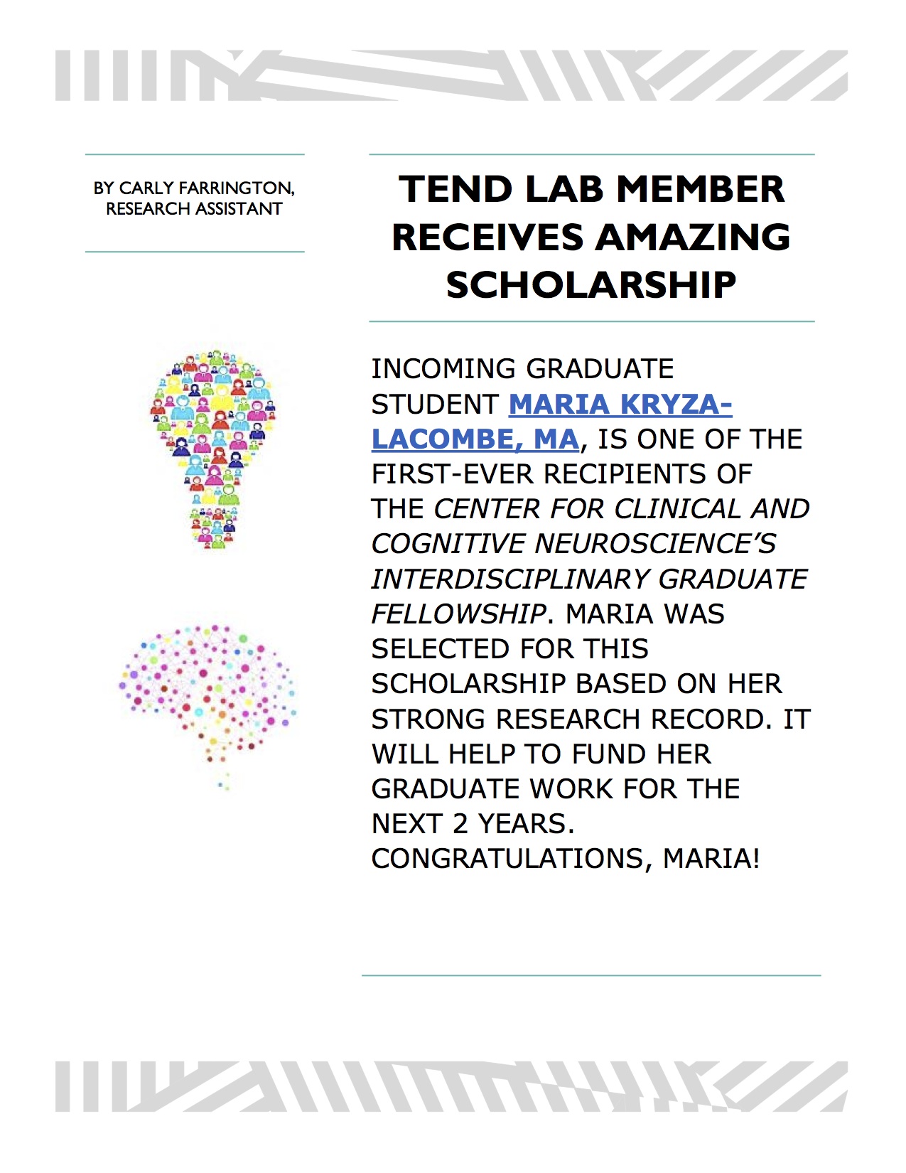 Scholarship article page 1 titled "TEND Lab Member Receives Amazing Scholarship"