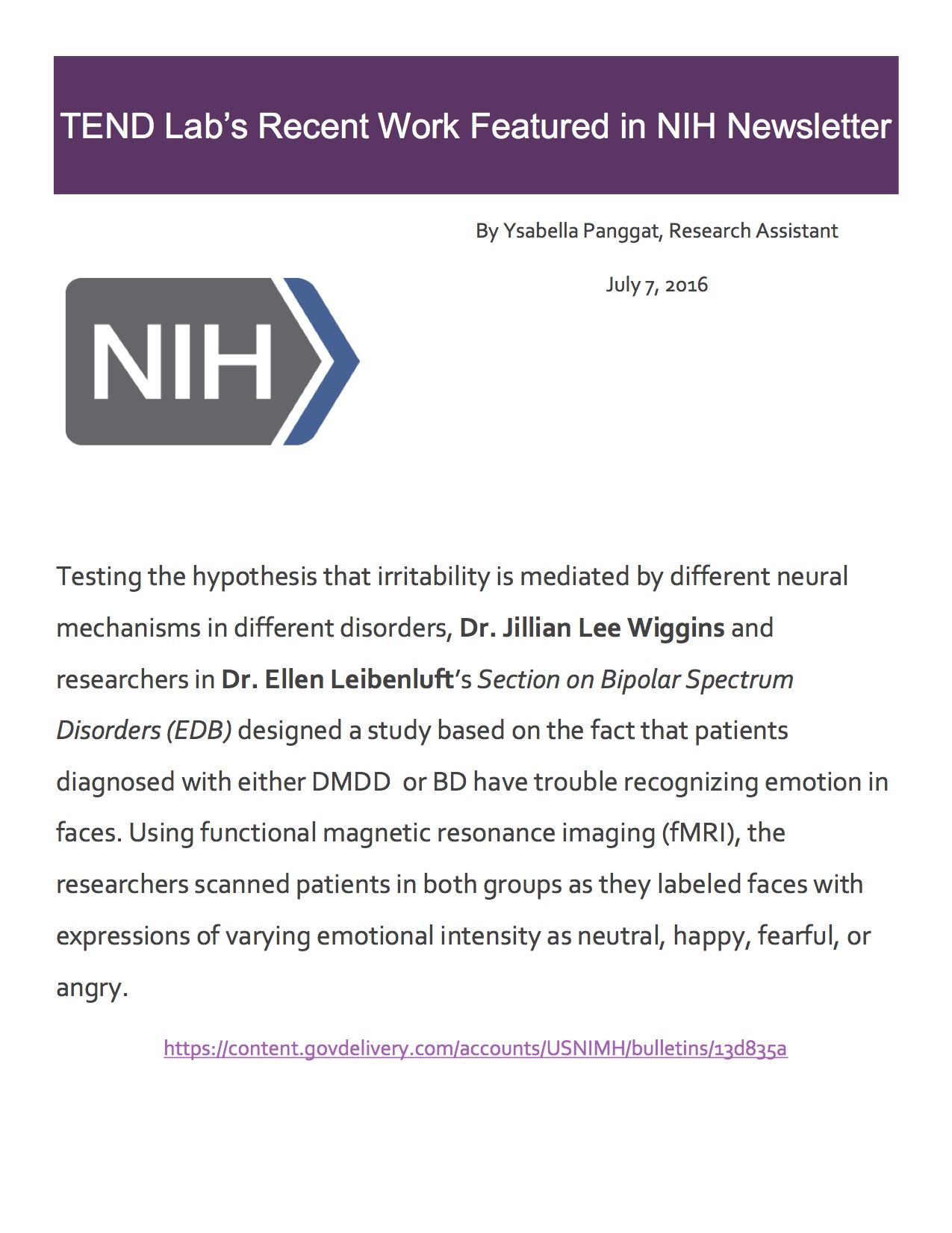 NIH newsletter article page 1 titled "TEND Lab’s Recent Work Featured in NIH Newsletter"