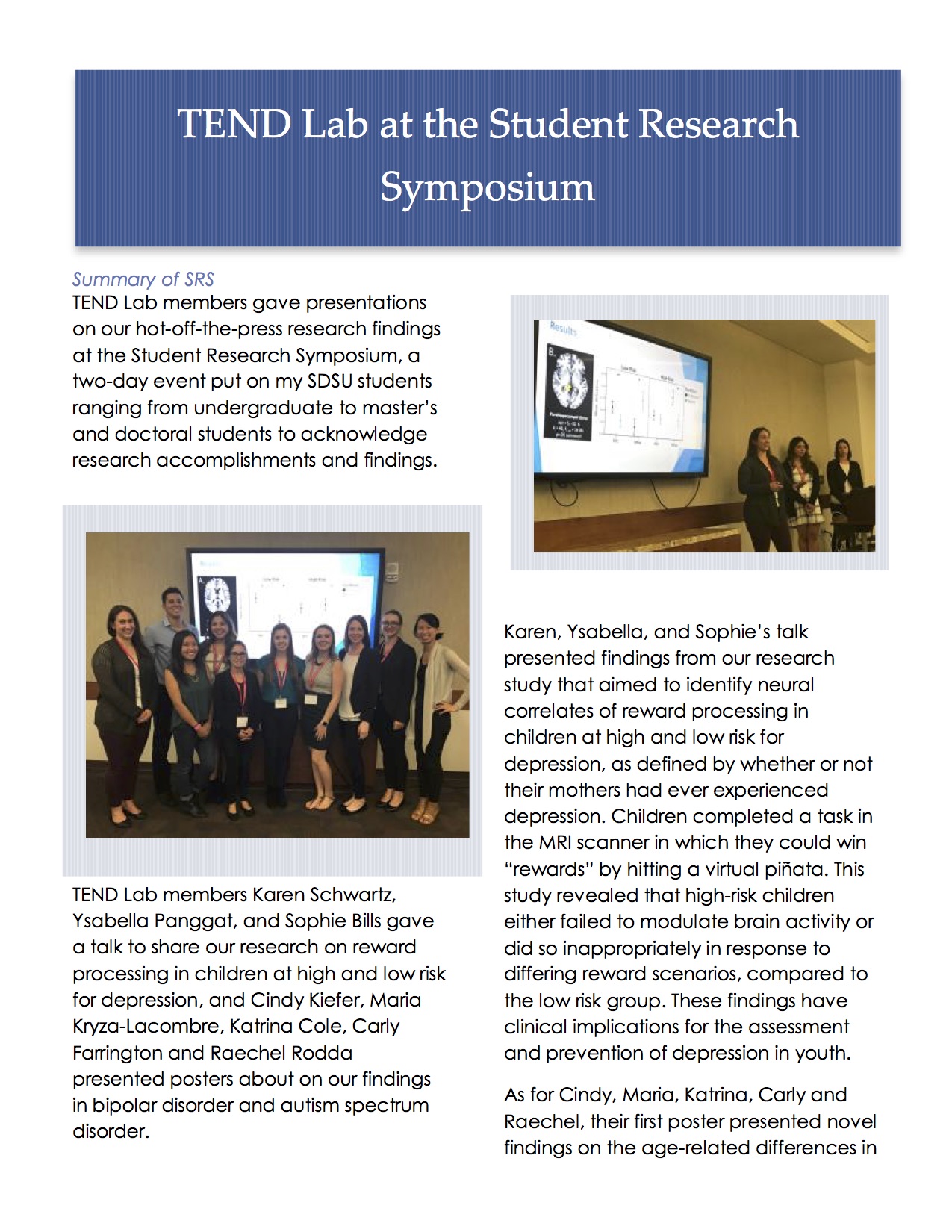 Student Research Symposium article page 1 titled "TEND Lab at Student Research Symposium"