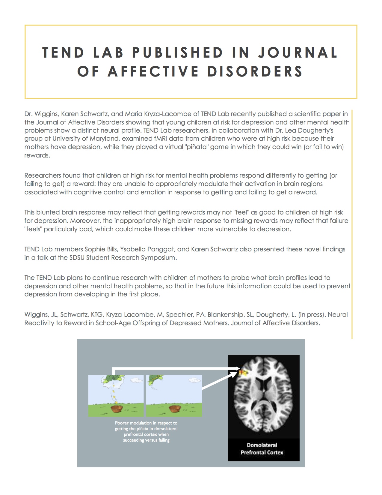 Journal of Affective Disorders article page 1 titled "TEND Lab Published in Journal of Affective Disorders"