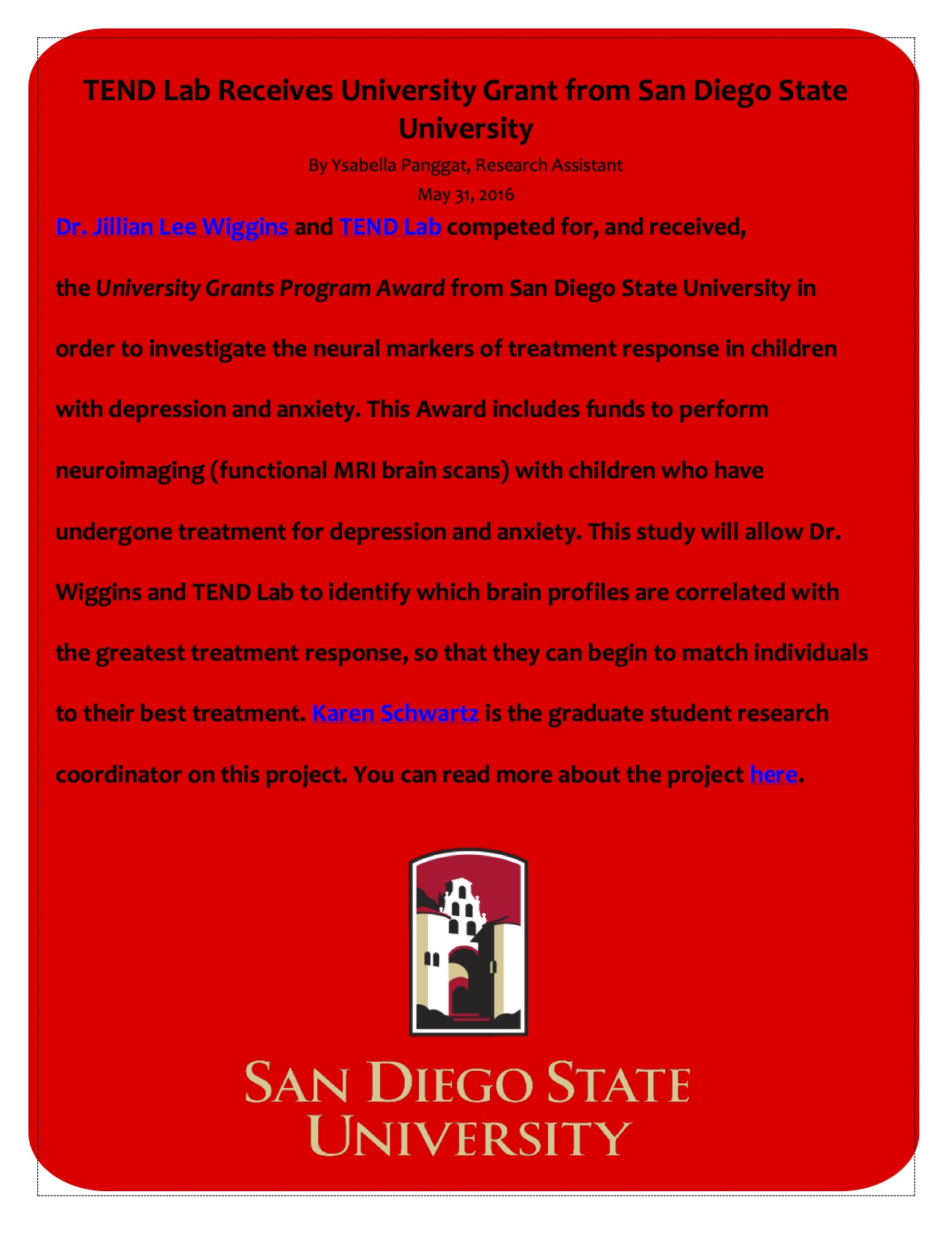 Article on TEND Lab university grant titled "TEND Lab Receives University Grant from San Diego State University"