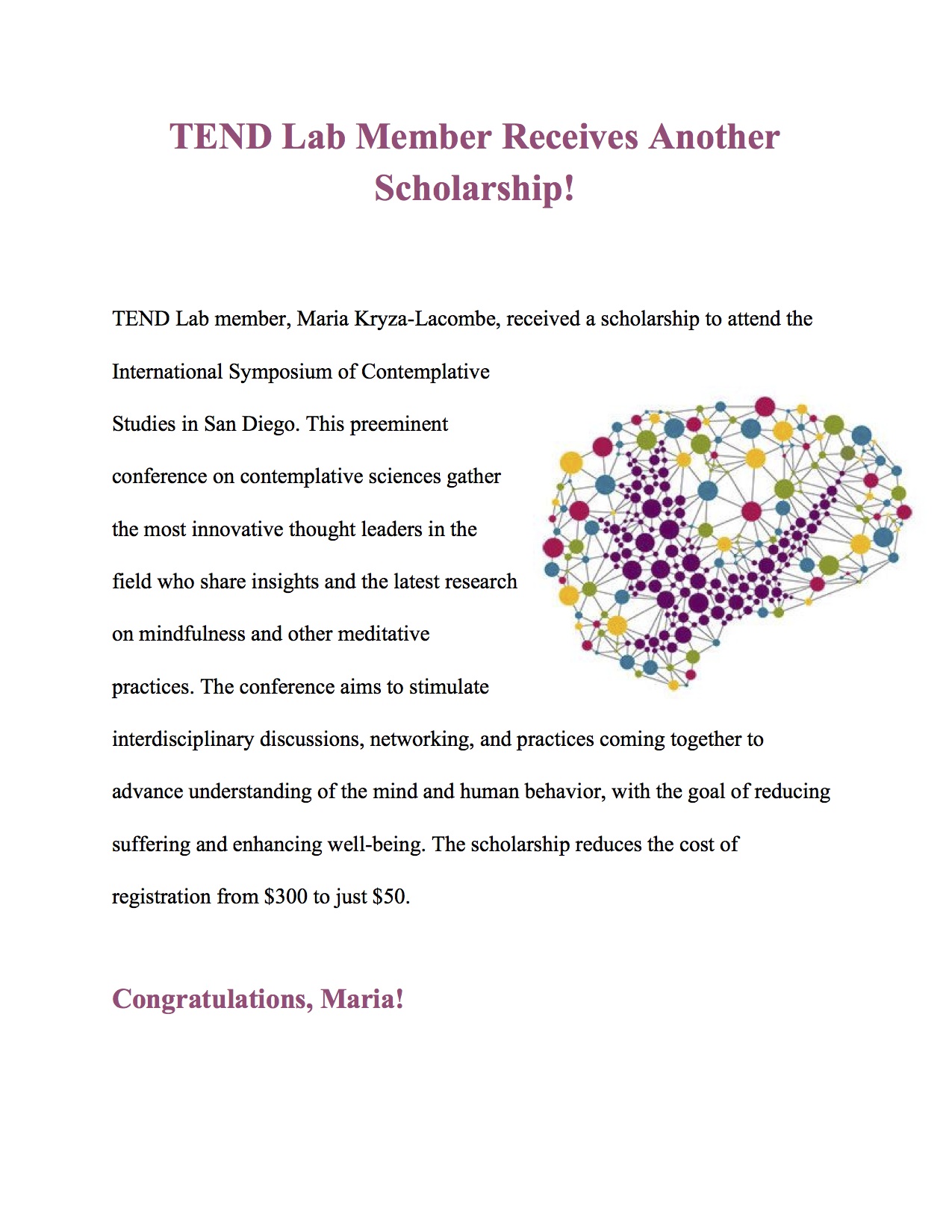 Another scholarship article page 1 titled "TEND Lab Member Receives Another Scholarship"