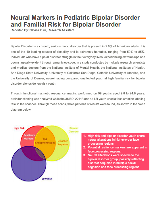 Neural markers news article page 1 titled "Neural Markers in Pediatric Bipolar Disorder and Familial Risk for Bipolar Disorder"