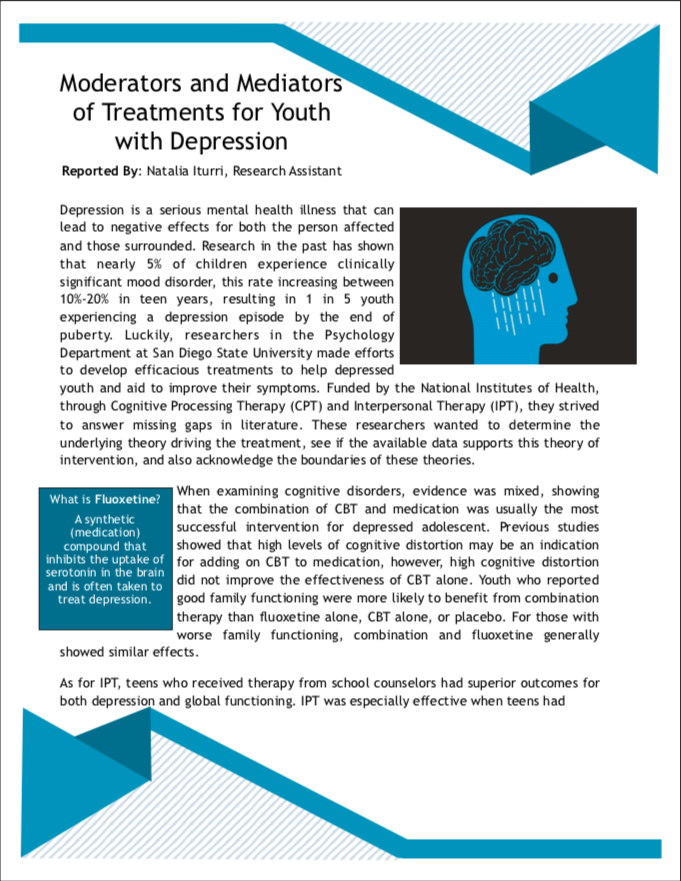Moderators and mediators news article page 1 titled "Moderators and Mediators of Treatments for Youth with Depression"